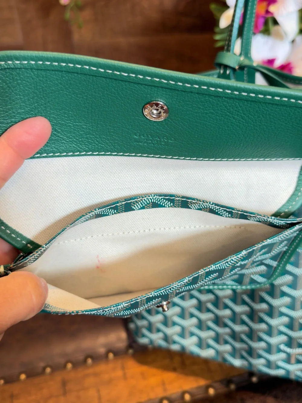 Goyard Green Patterned St. Louis Tote with Matching Pouch Size pm